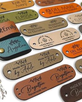 Home customized 2.75 x 0.75 inches faux leather product tags with rivets, personalized tags for knitting crochet, cute labels handmade perfect for hats beanies scarves & more, labels for knits